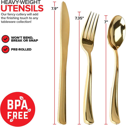 25 Pack Pre Rolled Plastic Silverware Sets for Parties, Gold Cutlery Set, Heavy Duty Utensils Individually Wrapped