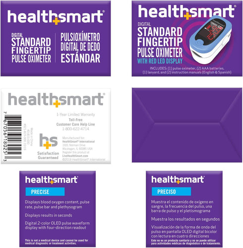 HealthSmart Pulse Oximeter for Fingertip, Displays Blood Oxygen Saturation, Pulse Rate with LED Display, Batteries