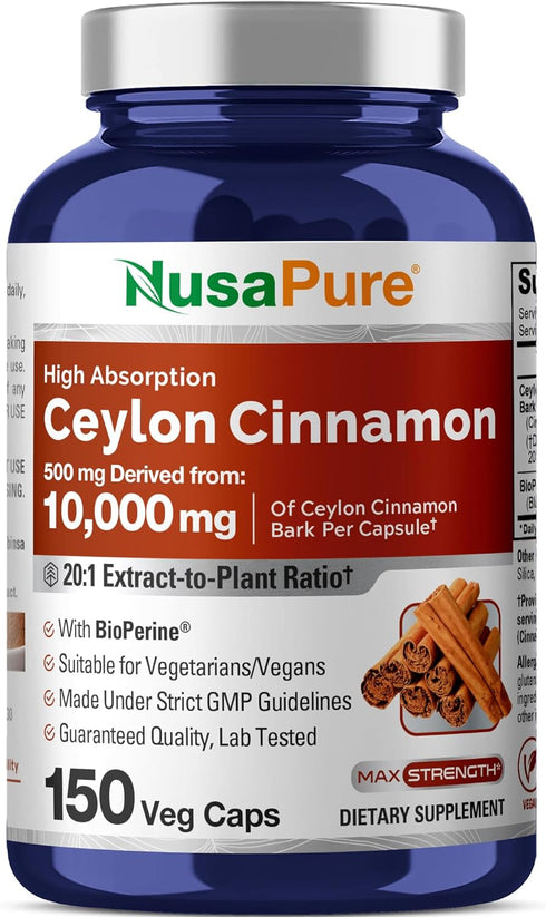 NusaPure Ceylon Cinnamon 20:1 Extract, 500 mg Equivalent to 10,000 mg Per Caps, 150 Veggie Capsules