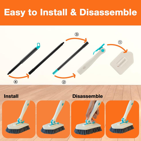 3 in 1 Scrub Cleaning Brush with Long Handle 51'', Shower Bathtub Tub & Tile Scrubber Brush, Includes 1 Stiff Brush