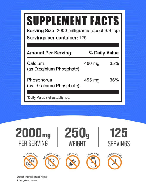 BulkSupplements.com Dicalcium Phosphate Powder - Dicalcium Phosphate Food Grade - Calcium Supplement - Phosphorus Supplements - Calcium Phosphate Supplement - Calcium Powder (250 Grams - 8.8 oz)