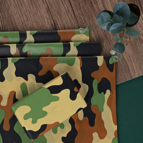 100 Sheets 20 x 14 Inches Camo Tissue Paper for Gift Wrapping, Green Black Camouflage for Birthday Camping Party