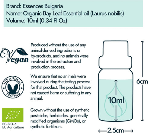 Essences Bulgaria Organic Bay Leaf Essential Oil - 1/3 Fl Oz | 10ml | 100% Pure and Natural, Therapeutic Grade