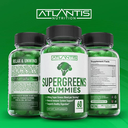 Supergreens Gummies, Daily Green Superfoods Supplement with Spinach, Broccoli, Moringa, 60 Gummies