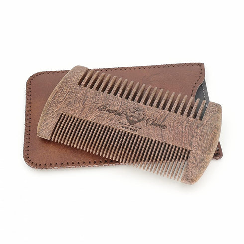 Sandalwood Beard Comb with Case, Men's Wooden Pocket Comb for Beards, Mustaches, and Hair, Brown Skull Design