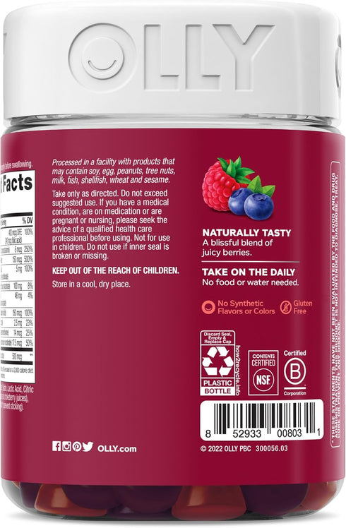 OLLY Women's Multivitamin Gummy, Berry Flavor, 130 Count, Vitamins A, D, C, E, Biotin, Folic Acid, 65 Day Supply