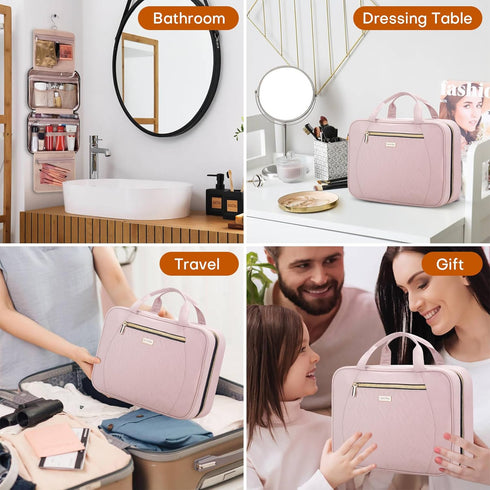 Women's Pink Travel Toiletry Bag - Hanging Makeup Organizer for Accessories and Full-size Containers