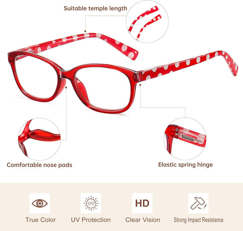 EYEGUARD Polka Dots Fashion Ladies Reading Glasses - 4 Pairs Spring Hinge Readers for Women