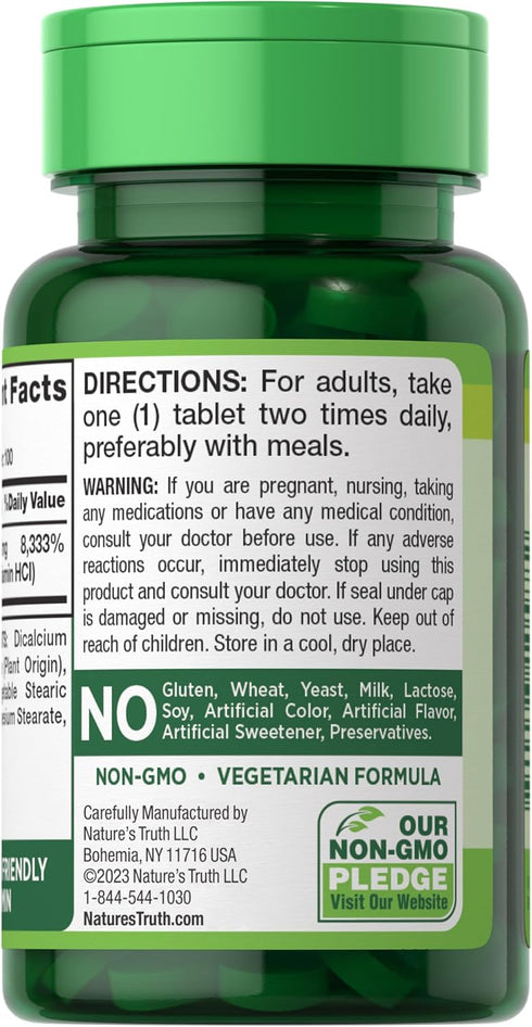 Nature's Truth Vitamin B1 100mg (Thiamine), 100 Count, Vegetarian, Non-GMO & Gluten Free Supplement