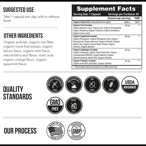 Organic Vitamin D3 5,000 IU - 60 Capsules, 100% Whole Food & Plant-Based, Vegan, Enhanced with Prebiotic & Superfood
