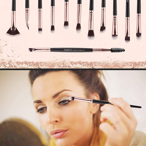 Z'OREYA 12 Pcs Professional Eye Makeup Brushes Set, Eyeshadow, Eyebrow, Blending, Fan, with Carrying Bag, Black