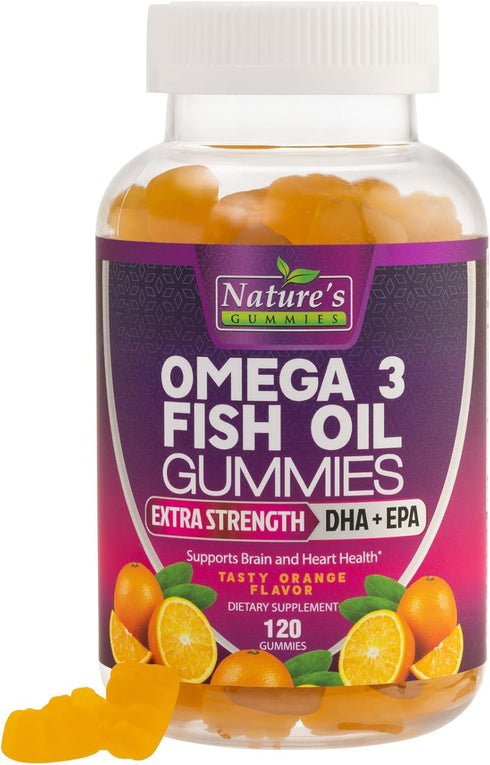 Omega 3 Fish Oil Gummies - 120 Gummies, Extra Strength DHA & EPA for Joint, Heart & Brain Support, Orange Flavor