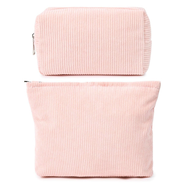 Large Corduroy Pink Makeup Bag, 2 Pieces Canvas Travel Toiletry Organizer, Cute Aesthetic Storage Bag for Women