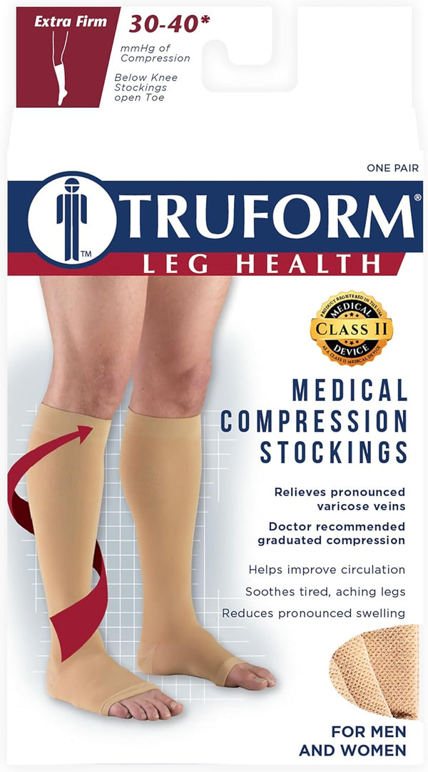 Truform 30-40 mmHg Compression Stockings, Knee High Length, Open Toe, White, X-Large