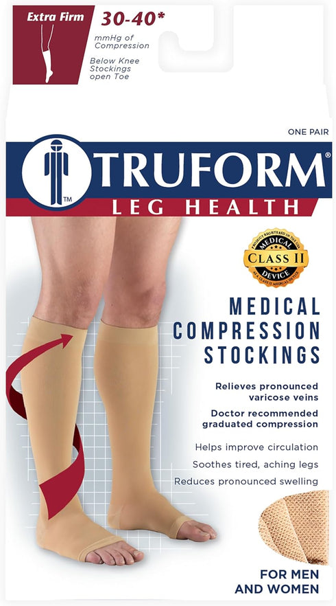 Truform Compression Stockings, 30-40 mmHg for Men and Women, Knee High Length, Open Toe, Black, 2X-Large