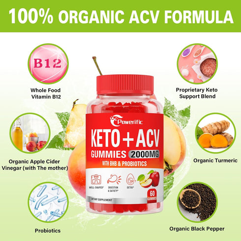Powerific Gummies, GLP-1 Gummies 2000mg B12, (2 Packs) Apple Cider Vinegar Support Keto ACV Max Strength Apple Cider