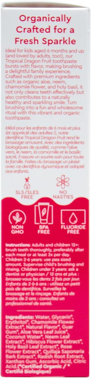RADIUS USDA Organic Kids Toothpaste 3oz Non Toxic Gluten-Free for Children's Gum Health - Dragon Fruit - Pack of 3
