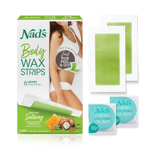 Nad's Body Wax Strips Hair Removal for Women, At Home, 24 Count plus 4 Calming Oil Wipes