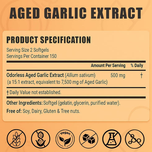 YLOTRE 7500mg Immune 300 (1) Elare Aged Garlic Extract, Organic Garlic Capsules Supplement, Potent Heart & Support