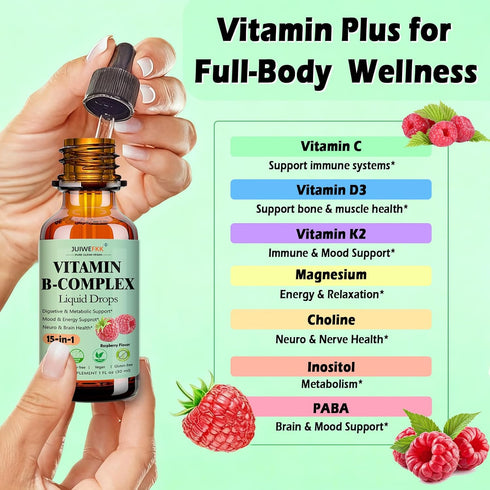 JUIWEFKK 15-in-1 B12 B6 B1 Vitamin B Complex Liquid Drops for Women Men & Kids, VIT B Complex with Vitamin C Niacin