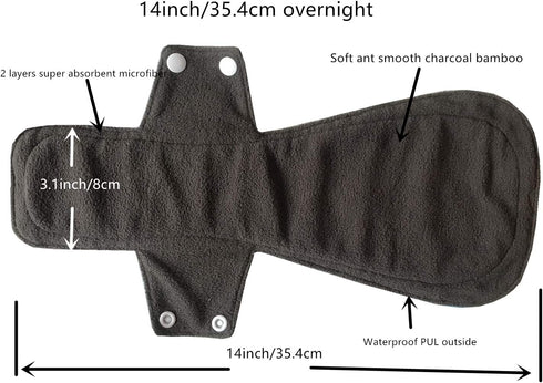 JUTESK 5pcs 14 Inch MUMBABY Overnight Charcoal Bamboo Mama Cloth/Menstrual Pads/Reusable Sanitary Pads (Black