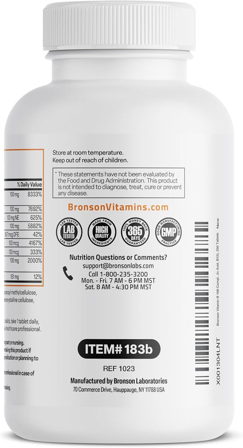 Bronson Super B 100 Vitamin B Complex - Sustained Release, Supports Energy Metabolism & Nervous System, 250 Tablets