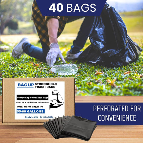 BAG UP Solutions Stronghold Trash Bags - Heavy Duty Contractor Bags Made From Recycled Plastic - 55-60 Gallons (150