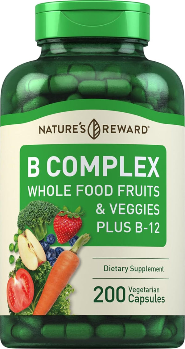 Piping Rock B Complex with Whole Food Fruits & Veggies 200 Capsules | Plus Vitamin B-12 - Non-GMO Supplement