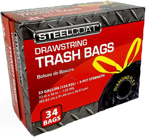 Large Drawstring Trash Bags, 33-gallon, 34-count, Diamond Flex Premium Stretch, 1.05-mil, Black