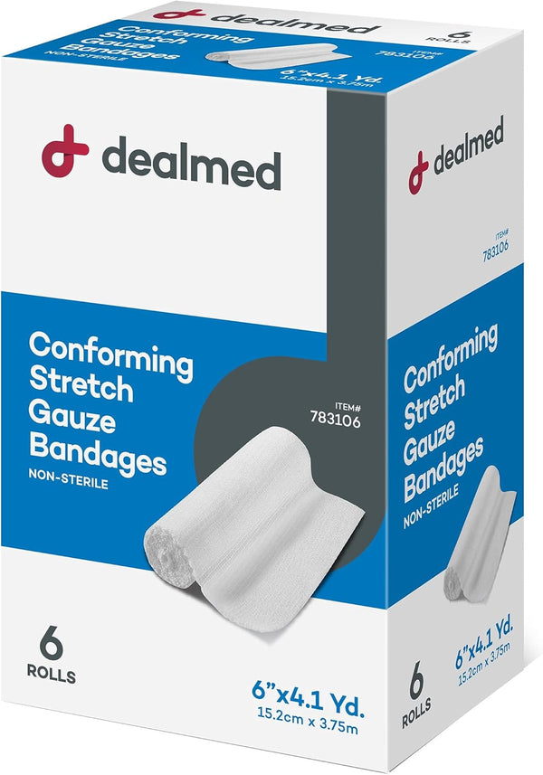 Dealmed 6" Non-Sterile Conforming Stretch Gauze Bandages, 4.1 Yards, Latex Free Medical Wound Care