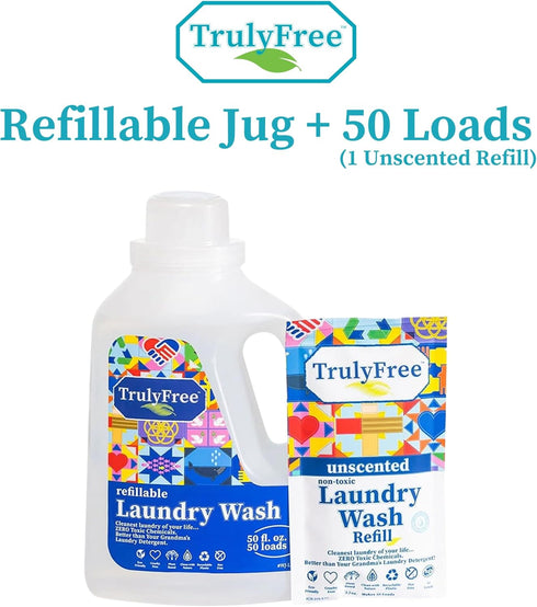 Laundry Wash Detergent for Sensitive Skin, Gentle & Safe for Baby Clothes | Plant-Based, Natural Ingredients | Unscented | Include 1 Refillable Bottle (50 Loads)