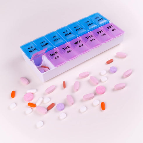 Apex Twice-A-Day Medicine Pill Organizer - Weekly Pill Dispenser, 2 Times-A-Day Vitamin Organizer, Color-Coded with