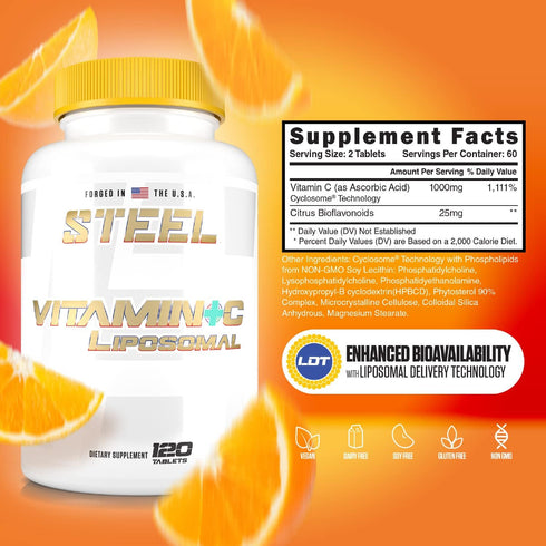 Steel Supplements Vitamin C Liposomal | Immunity, Antioxidant, Cardiovascular Health | 1000mg Vitamin C, Cyclosome Technology | 120 Tablets