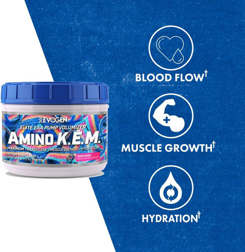 Evogen AminoKEM Sour Candy, Essential Amino Acid Powder, BCAA, Nitric Oxide, 30 Servings
