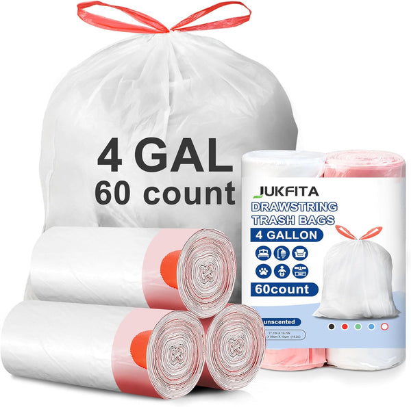 JUKFITA Small Trash Bags, 4 Gallon, 60 Count, Unscented Drawstring Liners for Bathroom Office Bedroom Car, White