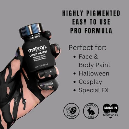 Mehron Makeup Liquid Makeup, Face Paint and Body Paint, 1 oz, Black, Air Brush Compatible