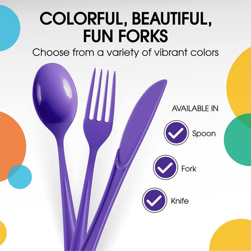Disposable Purple Plastic Forks, 50 Pcs - Heavy Duty Purple Plastic Cutlery