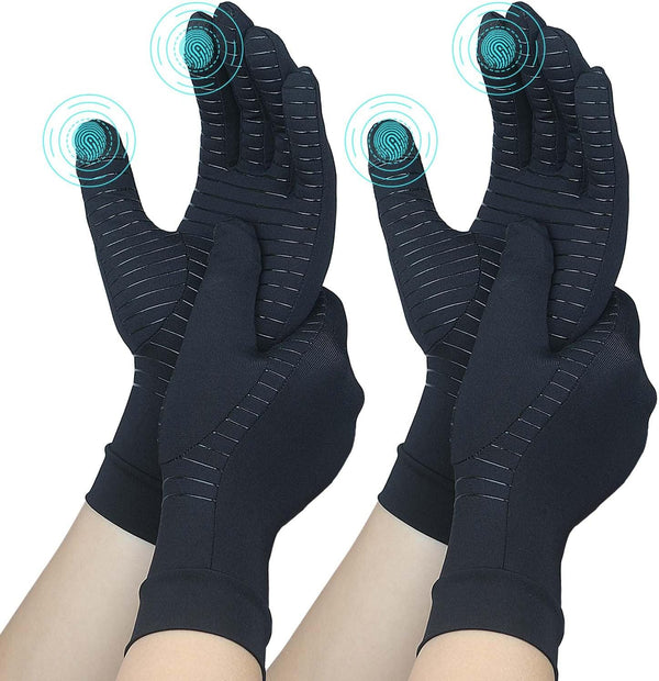 2 Pairs Full Finger Copper Arthritis Gloves | Compression Touchscreen Gloves for Men and Women, Relief for Hand Pain