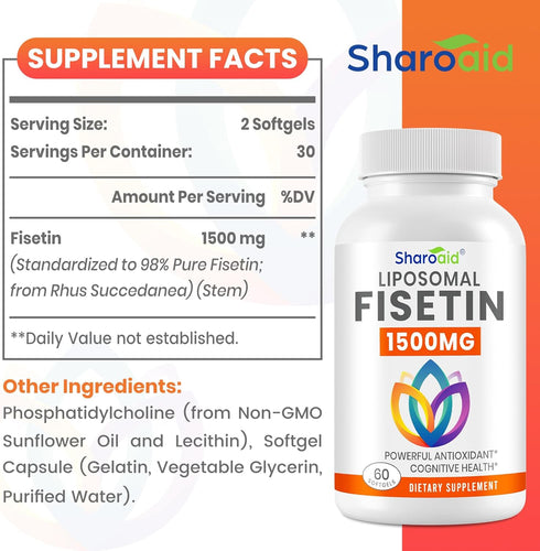 1500mg Fisetin Supplements, Powerful Absorption with Liposomal Delivery, 60 Softgels for Adults