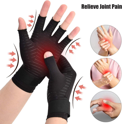 Copper Wrist Compression Arthritis Gloves (1 Pair), Fingerless Glove with Adjustable Strap for Hand Pain Relief, Fits