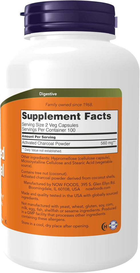 NOW Foods Activated Charcoal Supplements from Coconut Shells, Non-GMO Project Verified, Detox Support*, 200 Veg Capsules