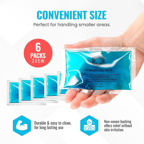ICEWRAPS Hot & Cold Ice Packs - 3 x 5 in. Soft Gel Packs – Reusable for Injuries, Headaches, Joints, Fevers, & More (6