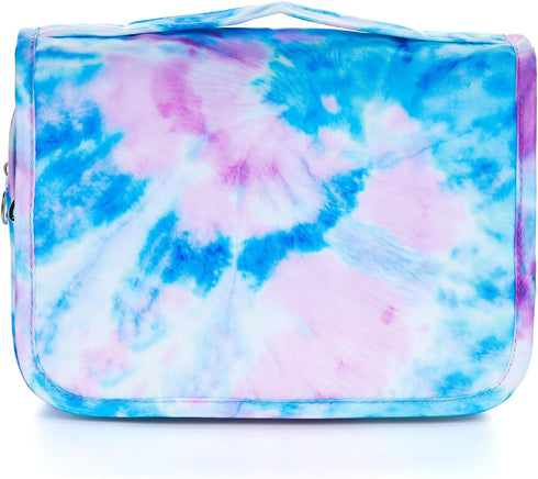 Kids Hanging Toiletry Bag for Girls, Waterproof Travel Makeup Wash Bag, Tie Dye Blue