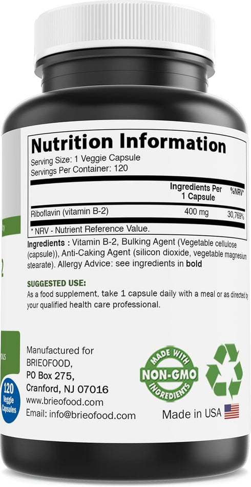 Brieofood Vitamin B2 (Riboflavin) 400mg, 120 Veggie Capsules - Gluten Free, Non-GMO
