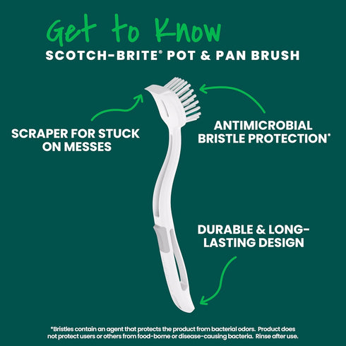 Scotch-Brite Pot + Pan Brush, Durable and Long Lasting Dish Brush with Handle for Scrubbing Stainless Steel, Outdoor