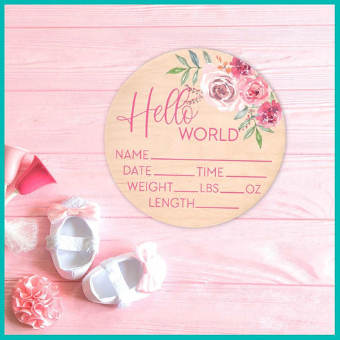 Hello World Sign for Newborn Baby Birth Stat Sign Floral Baby Sign for Hospital Baby Name Sign Pregnancy Announcement