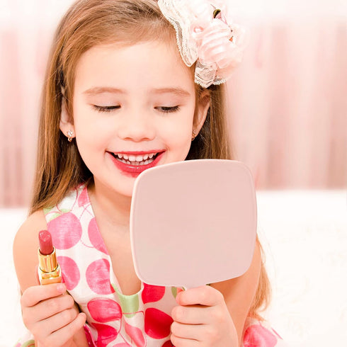 YEAKE Hand Held Mirror with Handle, Small Cute Wood Mirror for Shaving, Portable Travel Vanity (Square, Pink, 1Pack)