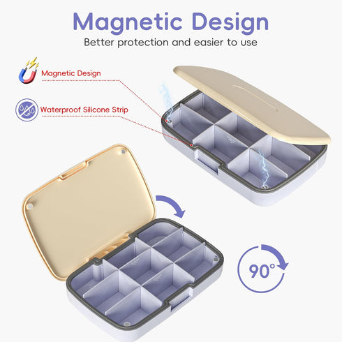 Hostda 9-Compartment Magnetic Pill Organizer - Daily Pill Case with Adjustable Compartments, Waterproof Silicone Seal