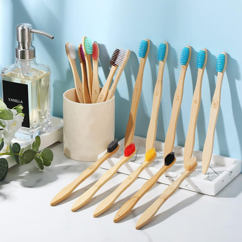120 Pcs Bamboo Toothbrushes Bulk, Soft Bristle Wooden Disposable Travel Toothbrush for Kids and Adults, 12 Colors