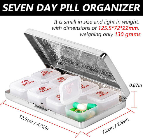 YILUTONGFA 7-Day 8 Portable Metal Pill Case, Featuring CompartmentsPerfect for Travel. BPA-Free. (L-Silver, Large)